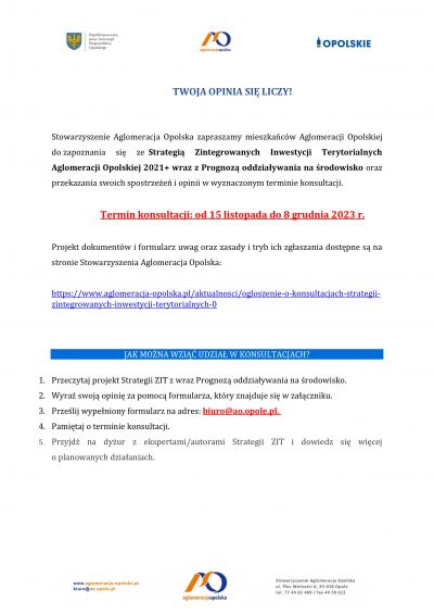 Strategia Zintegrowanych Inwestycji Terytorialnych Aglomeracji Opolskiej 2021+ wraz z Prognozą oddziaływania na środowisko 